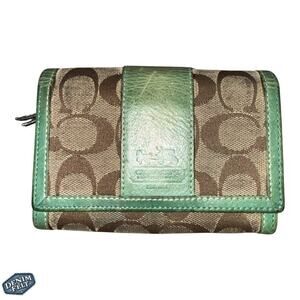 Coach Vintage Signature Canvas & Leather Trim Wallet Green/Brown Trifold